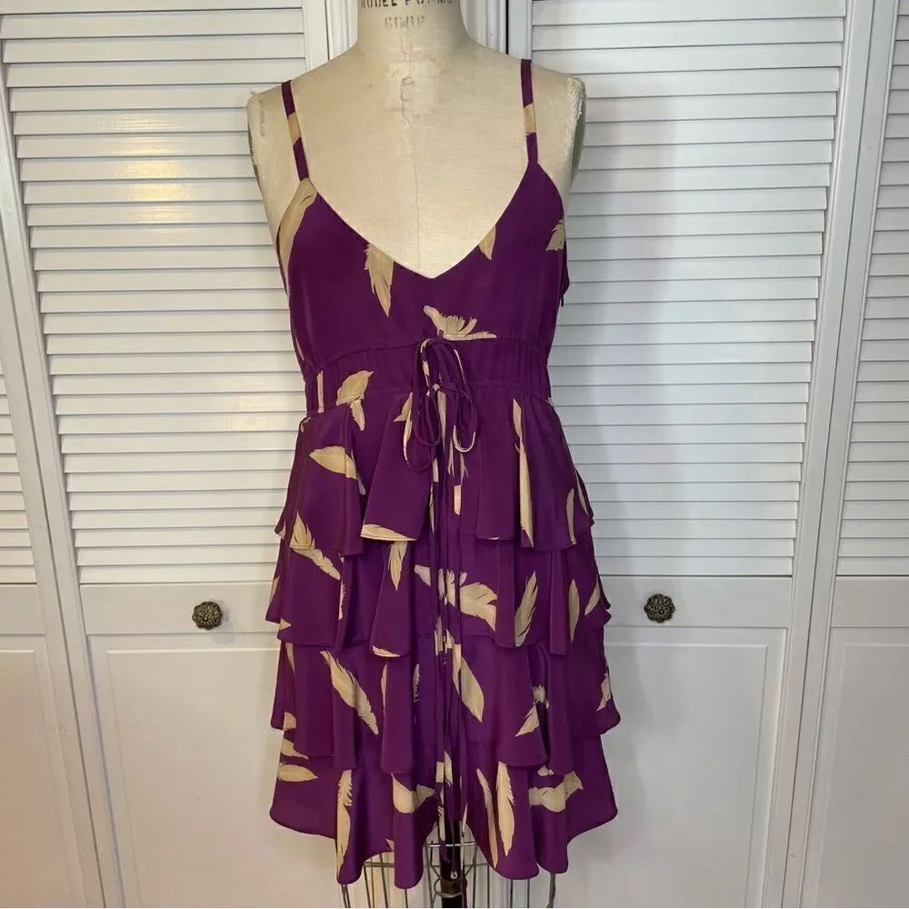 KAREN ZAMBOS Vintage Couture Purple W/Feather Print 100% Silk Ruffled Dress Sz-L